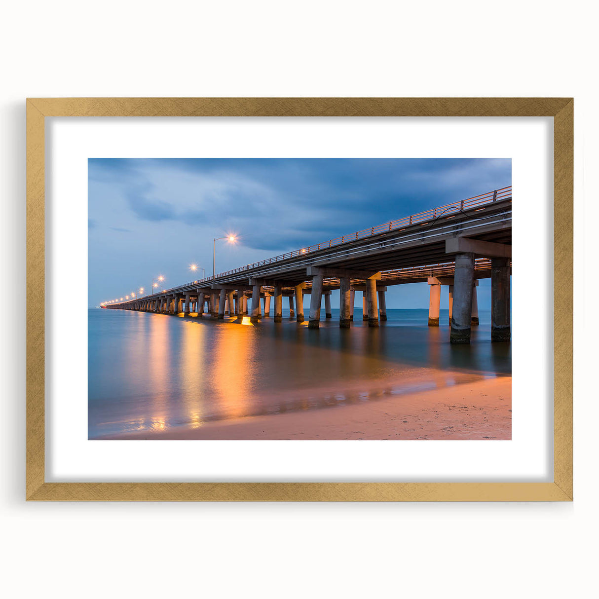Extra large abstract art print of Chesapeake Bay in textured hues of blue and gray, framed in gold.