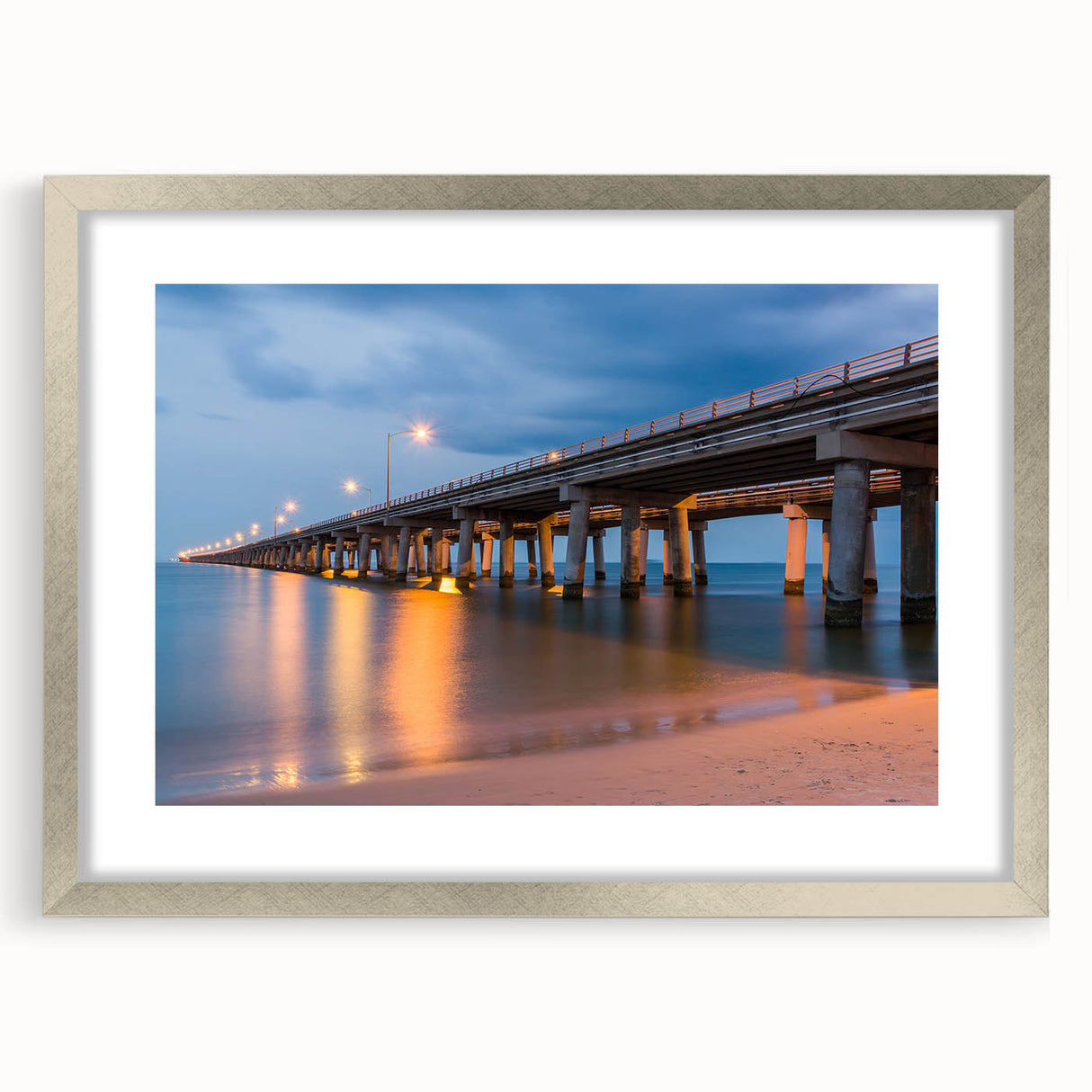 Textured art of abstract Chesapeake Bay in muted blue and gray tones on a framed silver mat, suitable for bedroom decor.