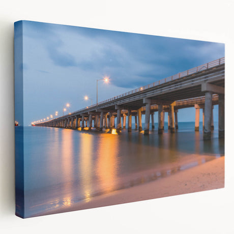 Chesapeake Bay landscape on stretched canvas, featuring muted blue and green hues, ideal for kitchen wall art.
