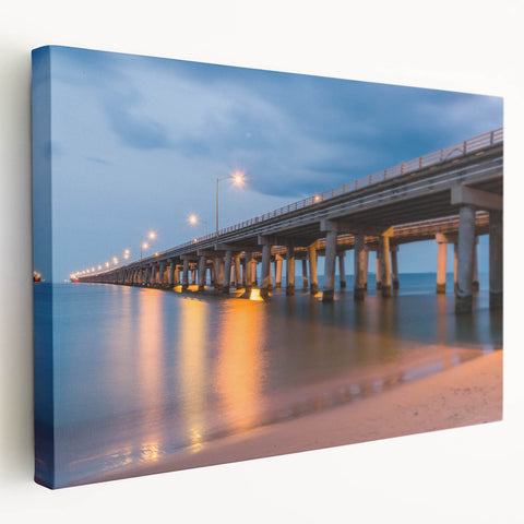 Chesapeake Bay landscape on stretched canvas, featuring muted blue and green hues, ideal for kitchen wall art.