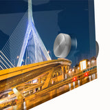 Large abstract wall art of Boston skyline in muted blue tones on acrylic glass, ideal for dining room ambiance.