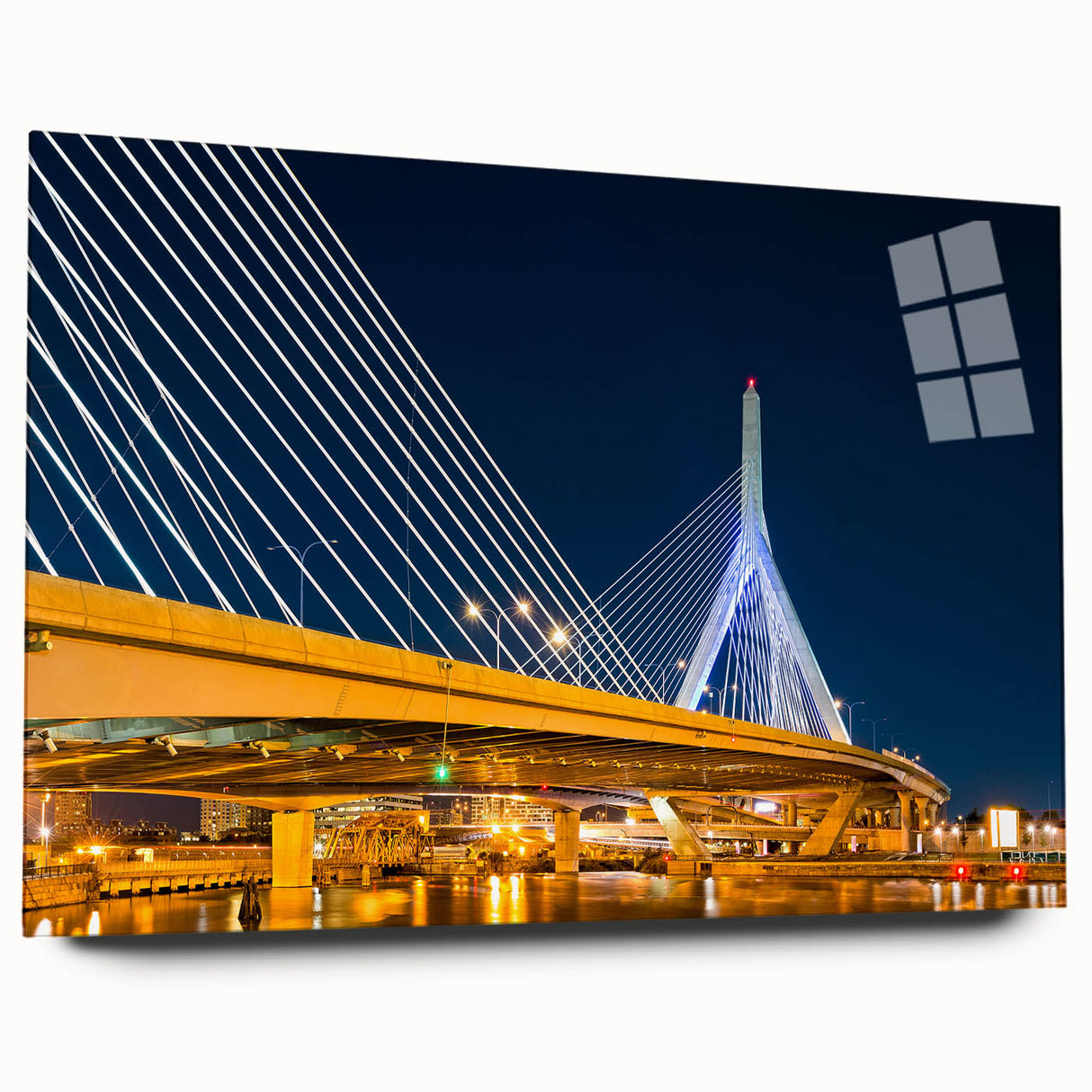 Side view of a large abstract depiction of Boston on acrylic, with vibrant blue and gray tones.