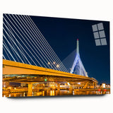 Side view of a large abstract depiction of Boston on acrylic, with vibrant blue and gray tones.