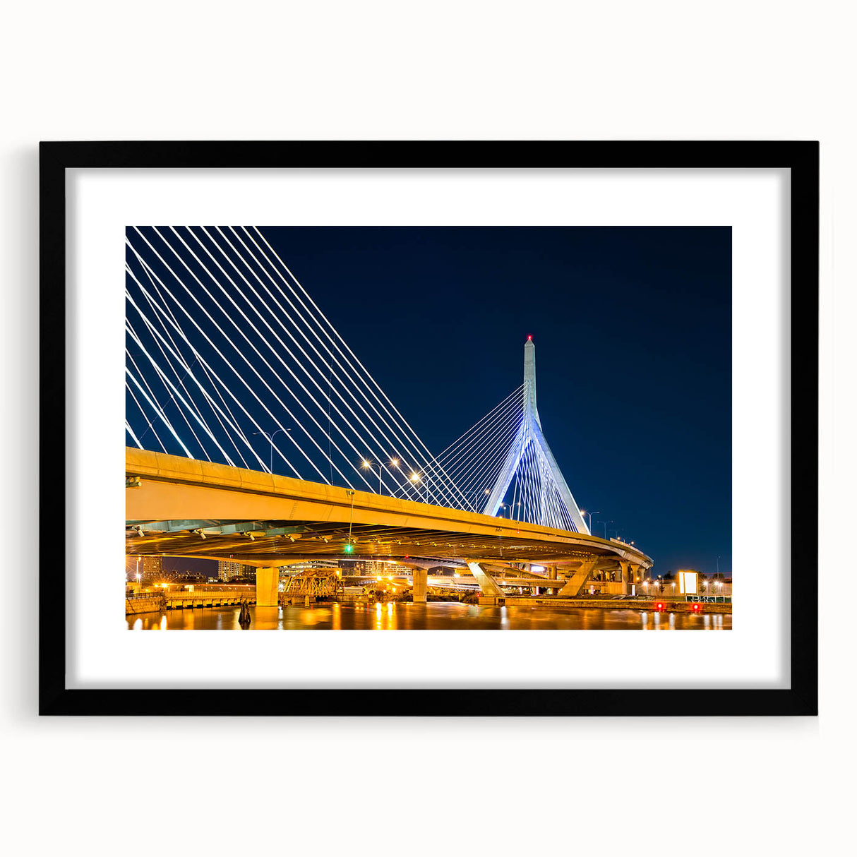 Extra large textured abstract art print of a colorful Boston skyline, framed in black, ideal for living room decor.