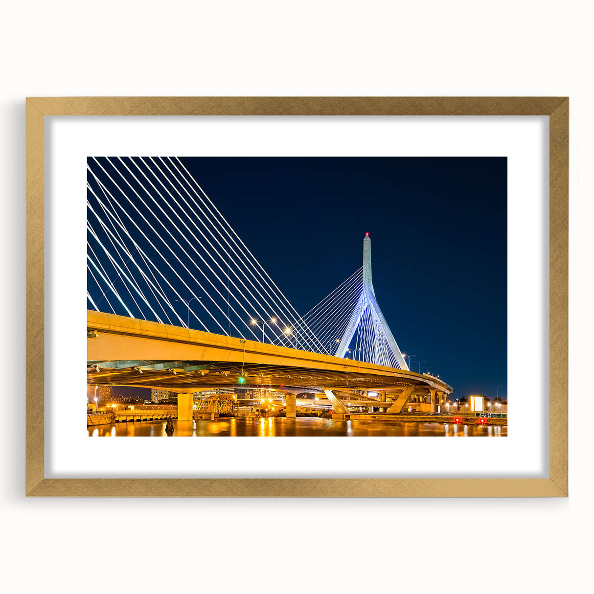 Extra large abstract art print of Boston skyline in textured gold frame, ideal for living room decor.