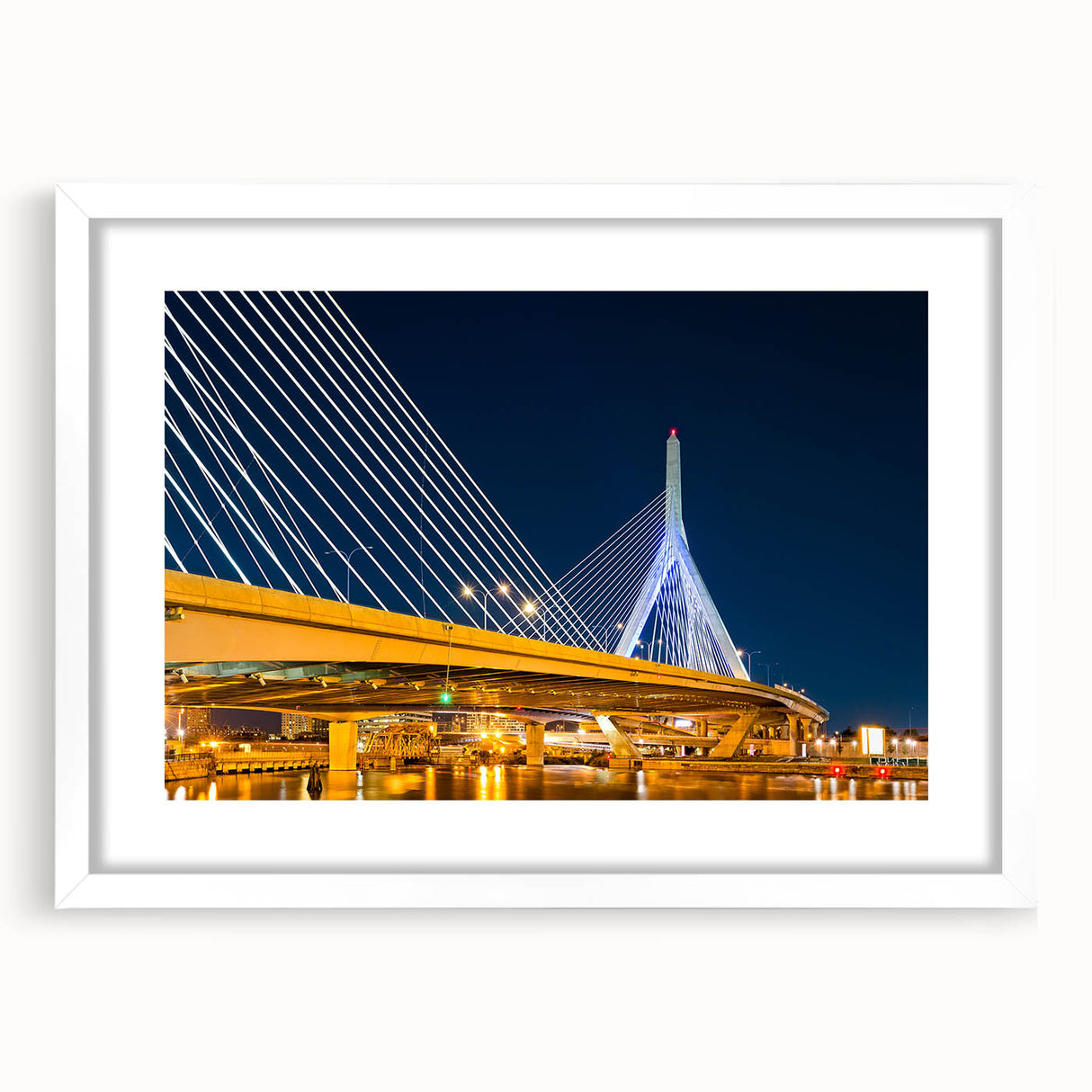 Abstract art print of Boston skyline in muted blue and gray tones on a framed white mat, suitable for dining room decor.