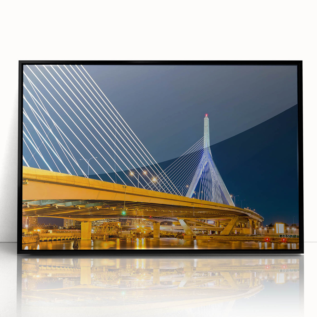 Large abstract wall art of Boston skyline in muted gray tones on black framed acrylic, ideal for modern office decor.