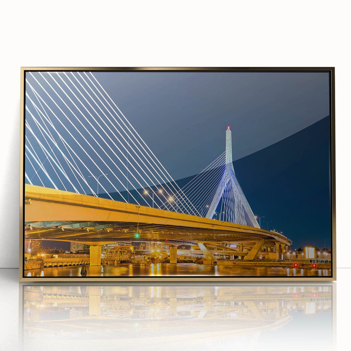 Framed acrylic print of Boston skyline in muted gold and blue tones, ideal for modern art wall decor.