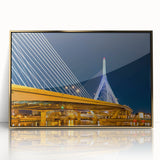 Framed acrylic print of Boston skyline in muted gold and blue tones, ideal for modern art wall decor.