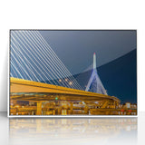 Acrylic print of Boston skyline in mid-century modernist style with muted blue and gray tones, suitable as nursery wall art.