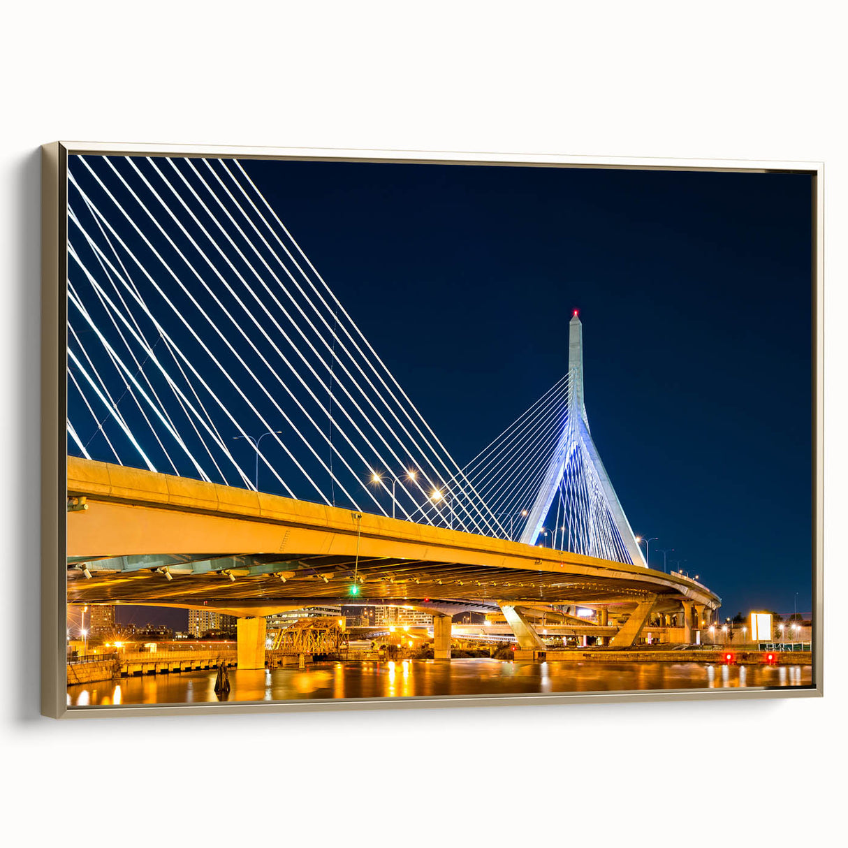 Framed canvas of a vintage-style Boston landscape in black and gold tones, ideal for bedroom wall art.