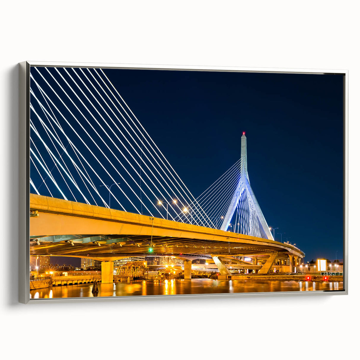 Framed canvas depicting a vintage Boston landscape in colorful art style with prominent black accents.