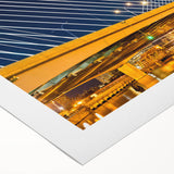 Art deco poster of Boston skyline in muted blue and gold hues on rolled canvas, suitable for dining room wall art.