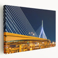 Side view of a stretched canvas featuring a realistic Boston skyline in muted blue and gray tones.