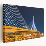 Side view of a stretched canvas featuring a realistic Boston skyline in muted blue and gray tones.