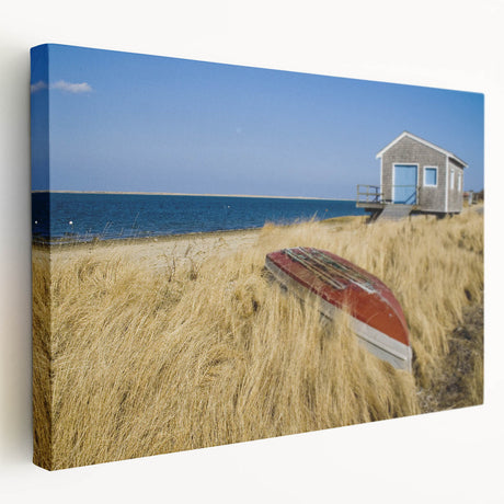 Large art depicting the Massachusetts Cape scenery in muted earth tones on stretched canvas, ideal for kitchen wall decor.