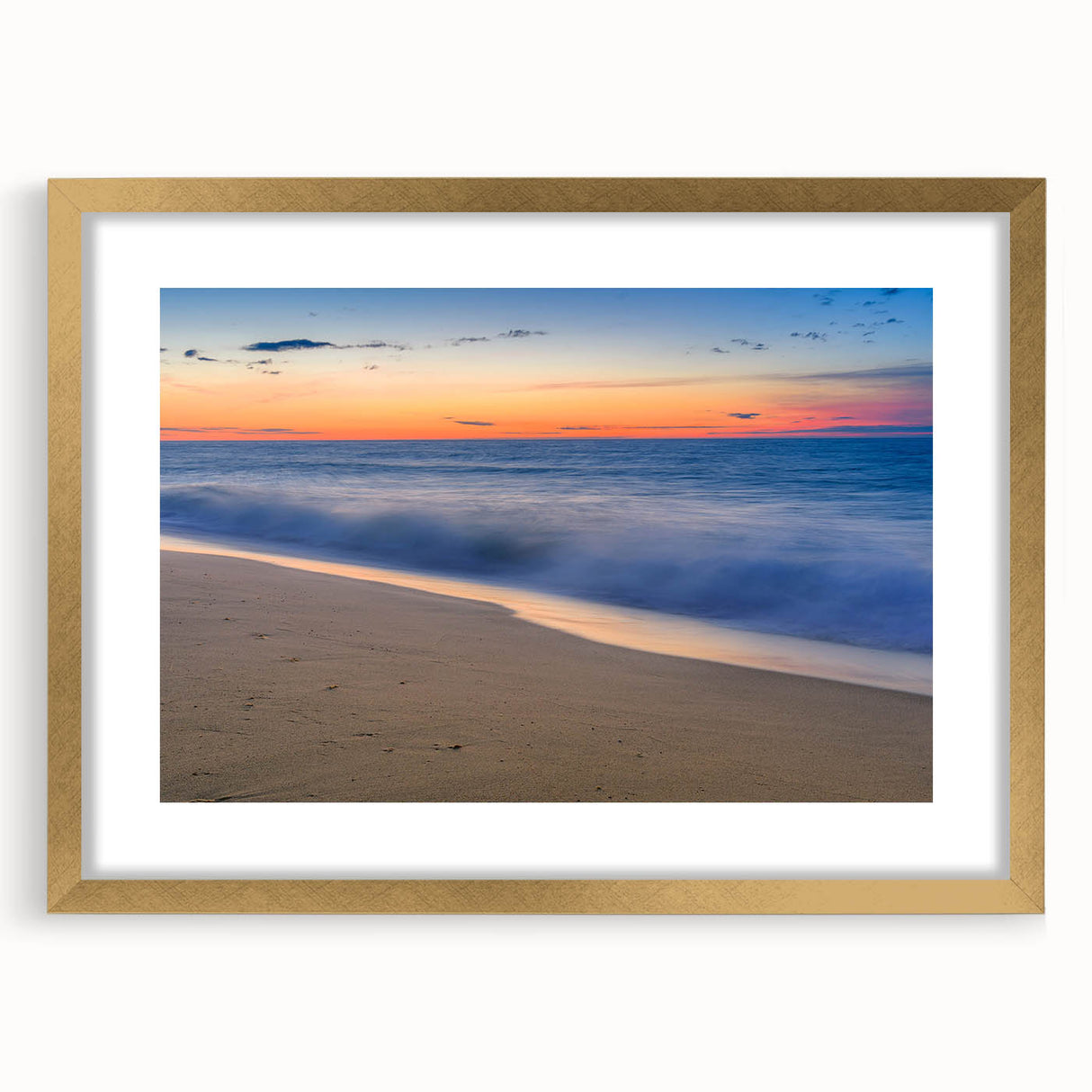 Extra large abstract art print of Nantucket scenery in gold frame, featuring textured blues and grays.