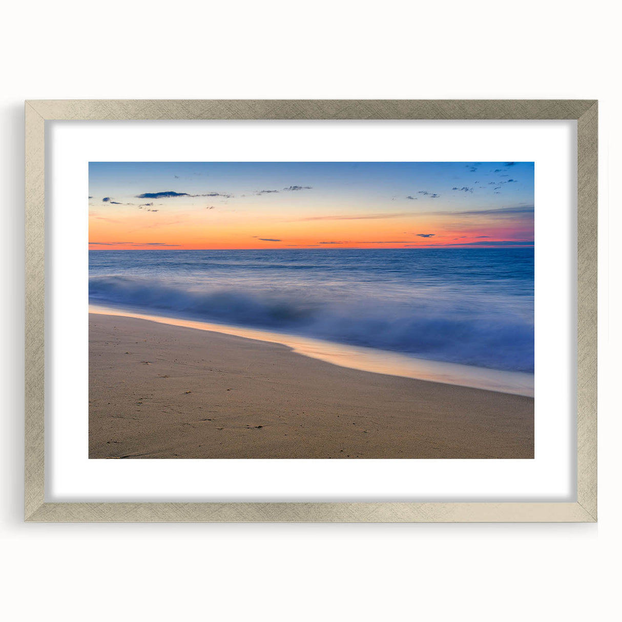 Textured art abstract print of Nantucket, featuring subdued ocean blues and greys, in a silver frame, ideal for bedroom art.