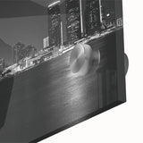 Large abstract depiction of Detroit skyline in muted blue and gray on acrylic glass, ideal for dining room art.