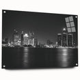 Acrylic print of Detroit skyline in muted gray and blue tones, ideal for bedroom or dining room decor.