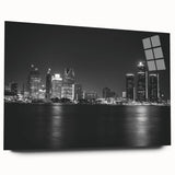 Large abstract depiction of Detroit skyline in muted gray and blue tones on acrylic glass.