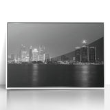 Art deco poster of Detroit skyline, in muted metallic tones on framed acrylic, suitable for modern nursery decor.