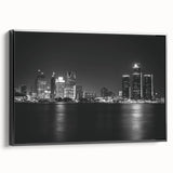 Black and white framed canvas of Detroit landscape, ideal for bedroom wall art.