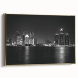 Framed canvas of vintage-style Detroit landscape in black and gold tones, ideal for bedroom wall art.