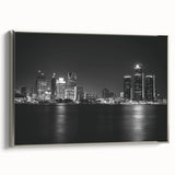 Framed canvas depicting a vintage-style Detroit landscape in muted black with colorful accents, ideal for office decor.