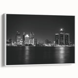 Vintage poster art of Detroit skyline in colorful hues on a large framed canvas, ideal for living room decor.
