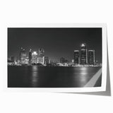 Rolled print of Detroit skyline in muted gray tones, ideal for art wall dining room placement.