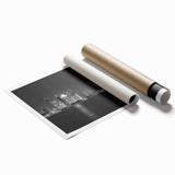 Extra large wall art depicting Detroit skyline in muted gray and blue tones on rolled canvas.