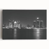 Black and white stretched canvas of Detroit skyline, ideal for kitchen wall art.