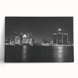 Black and white stretched canvas featuring a large Detroit skyline, ideal for kitchen wall art or bedroom ambiance.