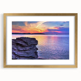 Mid-century modernist art print of Michigan's Upper Peninsula in muted earth tones, framed in gold.