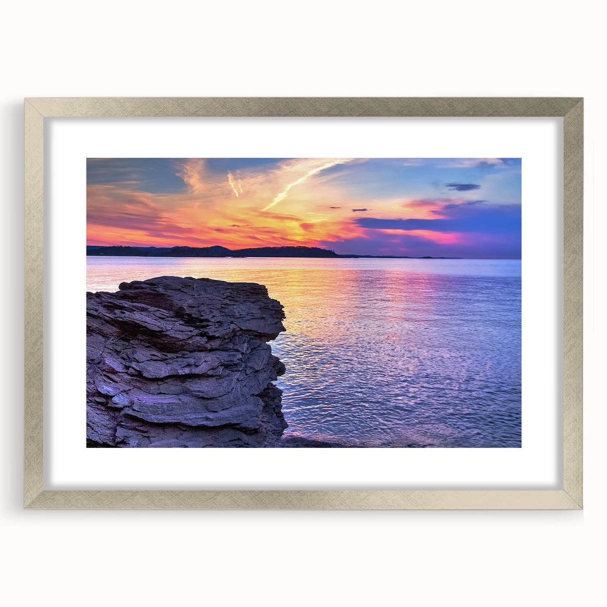 Mid-century modernist art depicting Michigan's Upper Peninsula in muted earth tones on a framed silver mat.
