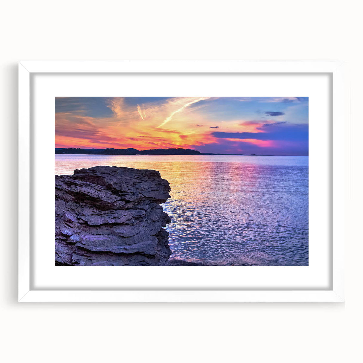 Art deco poster of Michigan's Upper Peninsula in muted green and blue tones, framed in white, ideal for nursery wall art.