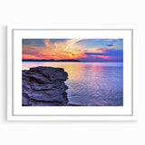 Art deco poster of Michigan's Upper Peninsula in muted green and blue tones, framed in white, ideal for nursery wall art.