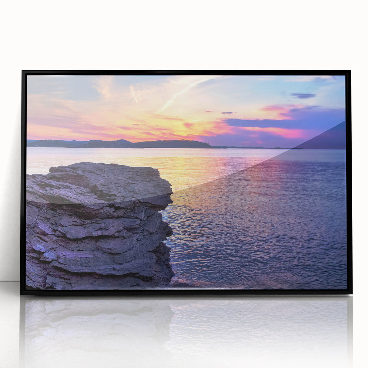 Colorful abstract art print of Michigan's Upper Peninsula in vibrant hues on a large framed acrylic.