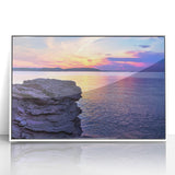 Abstract art print of Michigan's Upper Peninsula in muted green and blue tones on a white framed acrylic.