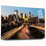 Acrylic print of a large abstract depiction of the Minneapolis skyline in muted blue and gray tones.
