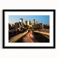 Extra large black framed wall art featuring a colorful, textured Minneapolis skyline, ideal for living room decor.