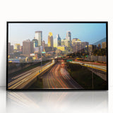 Large abstract wall art featuring a Minneapolis skyline in muted gray and blue tones on a framed acrylic.