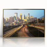Framed acrylic print of Minneapolis skyline in muted gold and gray tones, ideal for modern art wall decor.