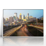 Acrylic print of Minneapolis skyline in art deco style with pastel hues, ideal for modern nursery wall art.