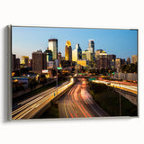 Framed canvas landscape art painting of Minneapolis skyline with colorful art palette on black background.