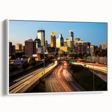 Framed canvas of a vintage poster art featuring the Minneapolis skyline in vibrant colors, ideal for living room decor.