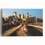 Black and white large art print of Minneapolis skyline on stretched canvas.