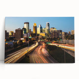 Black and white photograph of the Minneapolis skyline on stretched canvas, ideal for kitchen wall art.