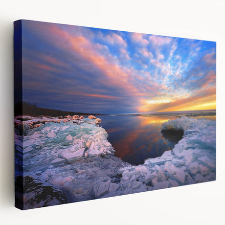 Side view of a stretched canvas featuring a Minnesota landscape in muted green and blue tones, suitable for kitchen wall art.